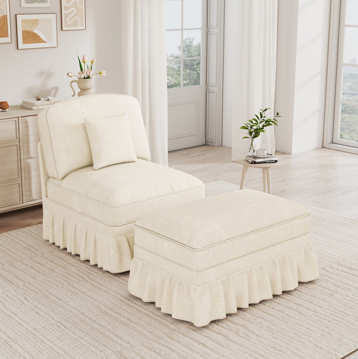 MIVRAY Fauteuil 78 x 83,5 x 93 cm - Met Hocker En Afneembare Rucherok - Voor Woonkamer En Kleine Ruimtes - Chenille Wit