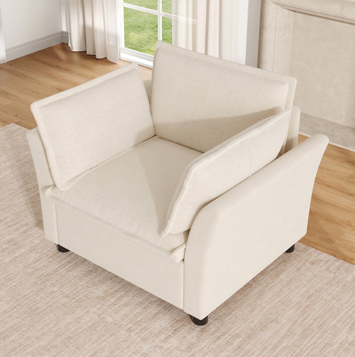 OKWISH Fauteuil - 1-Zits Leesstoel Met Armleuningen - Zacht Chenille Met 2 Kussens En Diepe Zitting - Voor Woonkamer Of Kantoor - Beige