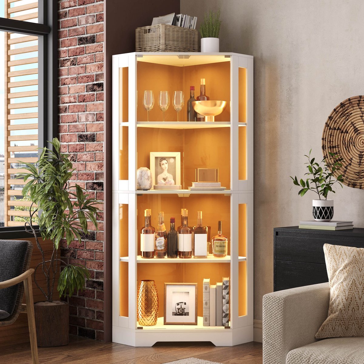 Wishdor - Keukenkast - Hoge vitrinekast met LED en stopcontact - push-to-open en wijnrek - modern voor keuken en eetkamer - houtlook en glas - wit - 40 x 40 x 165 cm