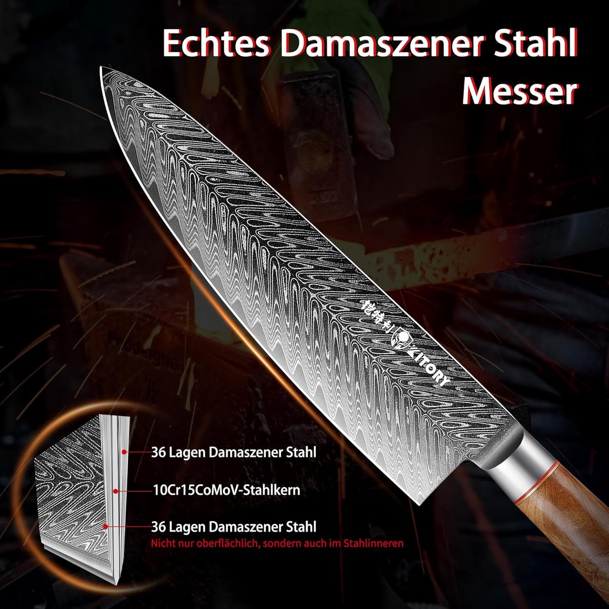 SnelShoppen - Professioneel Koksmes Damascus Staal, Universeel Keukenmes met 10Cr15CoMoV Lemmet & Witte Schaduw Houten Handgreep voor Koken, Bakken en