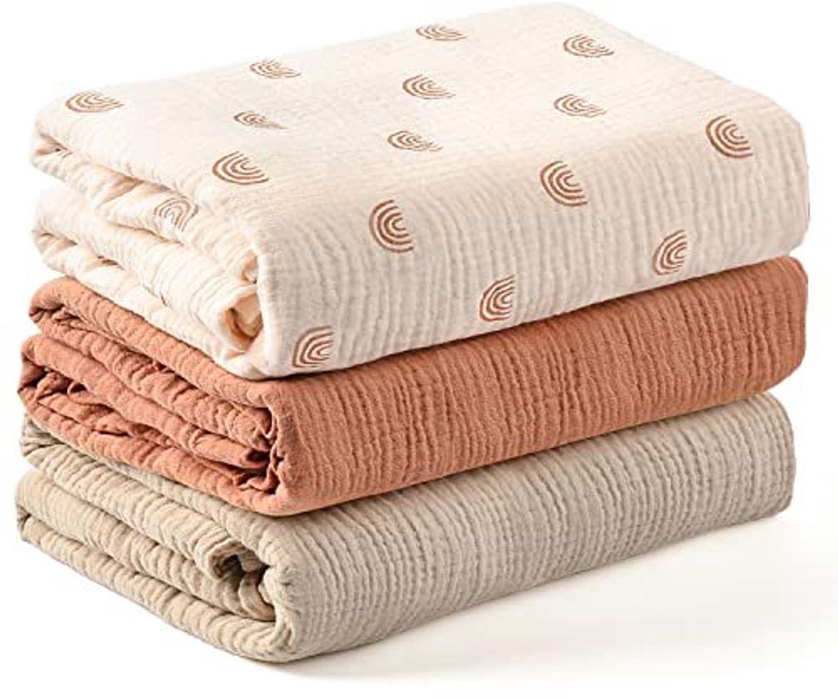 Babywikkeldekenset, 3-delig, gemaakt van een mix van katoen en bamboegaas, te gebruiken als wikkeldoek, luier, geruite slaapzak, deken, handdoek en slabbetje, Kleur 5,100*100cm