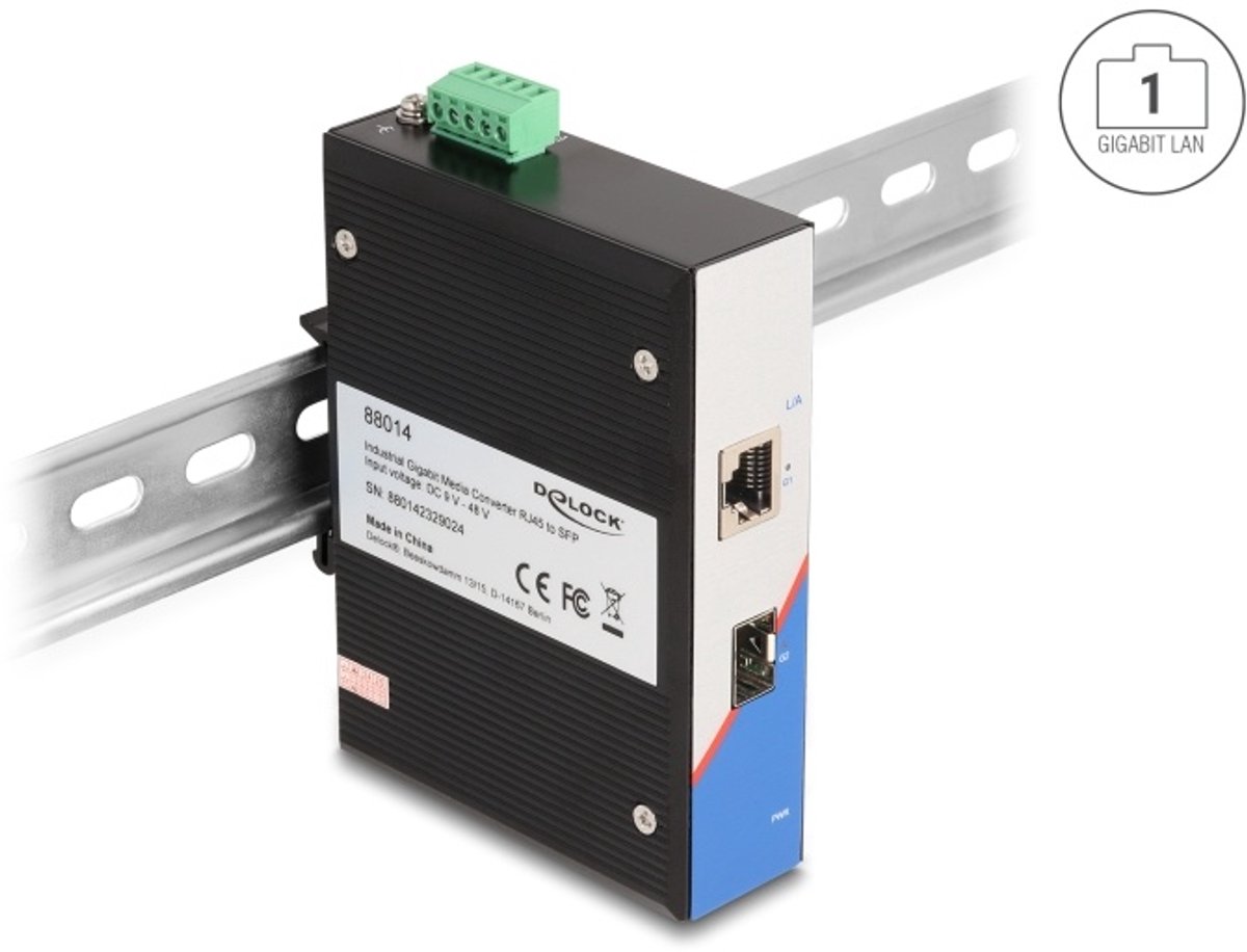 Delock Industrial Gigabit Media Converter RJ45 to SFP for DIN rail