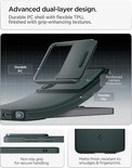 Illustratie die de dubbellaagse constructie van de hoes toont: duurzaam polycarbonaat en flexibel TPU met grip-texturen.