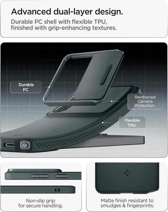 Illustratie die de dubbellaagse constructie van de hoes toont: duurzaam polycarbonaat en flexibel TPU met grip-texturen.