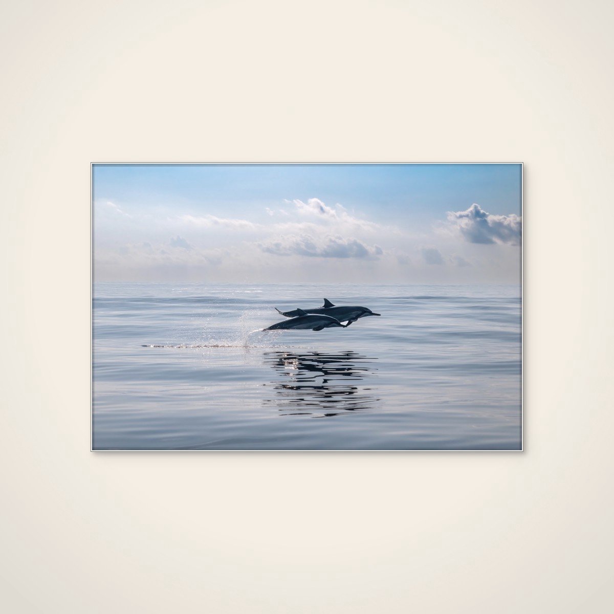 Akoestisch schilderij - 90 x 60 cm - Dolphins Leaping Ocean van Serge Melesan - Dieren wanddecoratie - wit textielframe