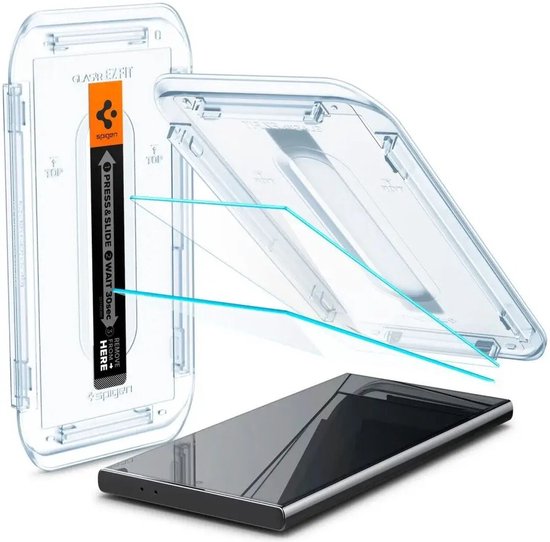 Transparant montageframe met Spigen logo, folie en gehard glas, boven een zwarte telefoon.