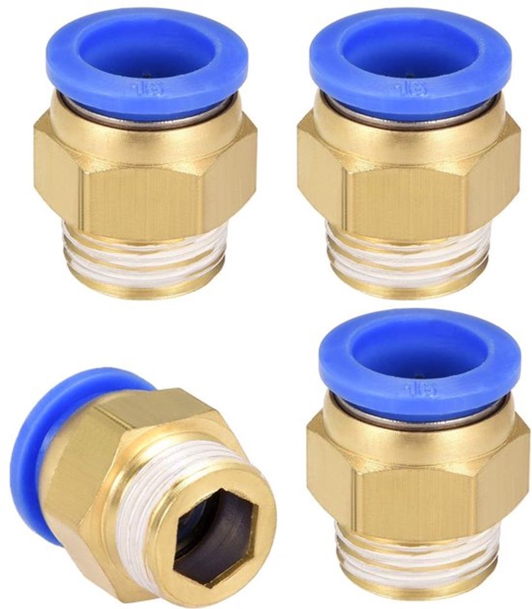 16 mm pneumatische push-to-connect-fittingen, snelkoppeling met G1/2 buitendraad, rechte koppeling voor luchtleiding, push-fit-connectoren voor pneumatische systemen en luchtcompressoren, 4 stuks