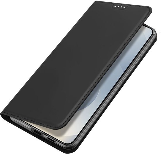 Zwarte telefoonhoes in boekstijl, gesloten, met deksel erop.
