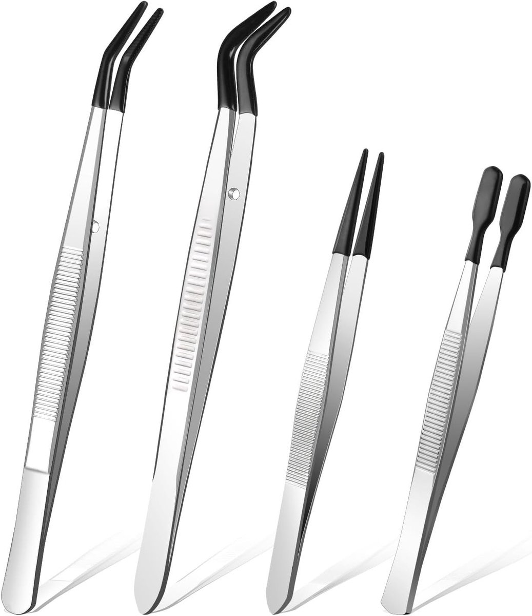 Precisie Pincetten Set van 4 Stuks met Rubberen Tips, Antistatisch RVS voor Knutselen, Sieraden Maken en Laboratoriumgebruik