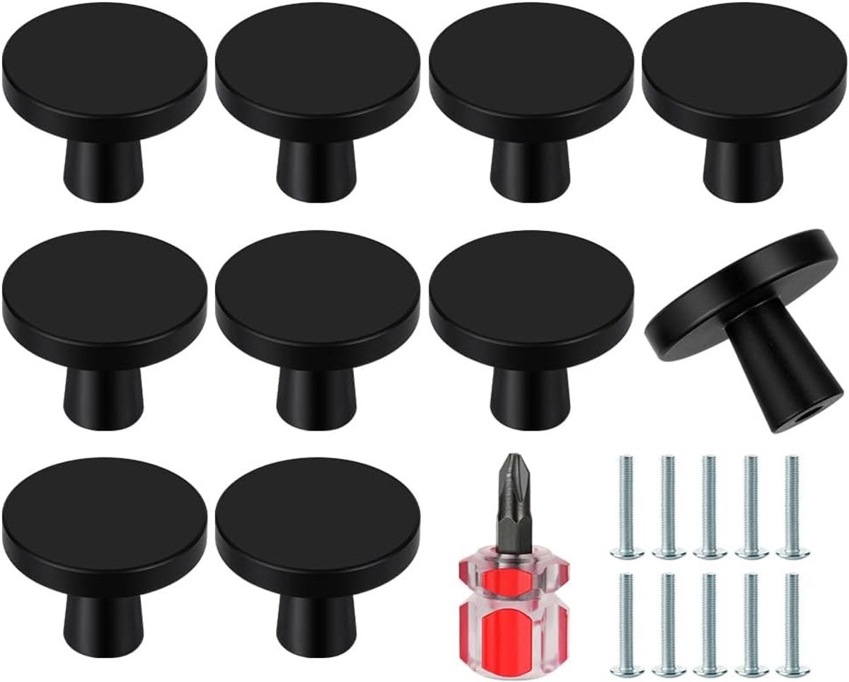 10 Stuks Zwarte Kastknoppen, 30mm Ronde Ladeknoppen, Aluminium Knoppen voor Keuken en Badkamer Decoratie