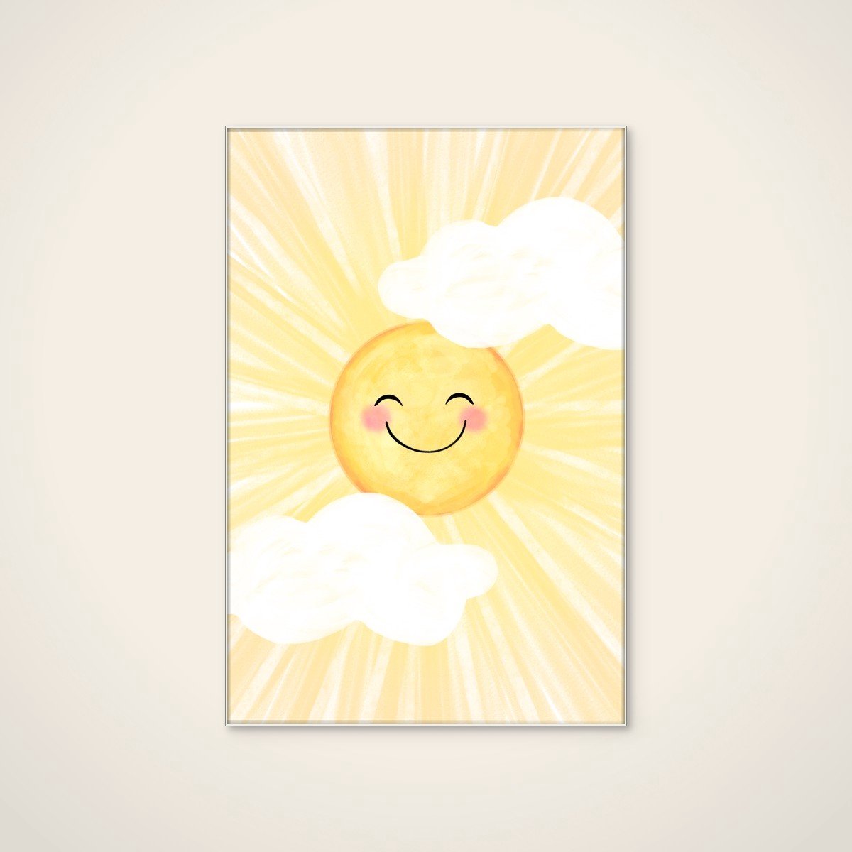 Akoestisch schilderij - 60 x 90 cm - Happy Smiling Sun van EMELIEmaria - Abstracte wanddecoratie - wit textielframe