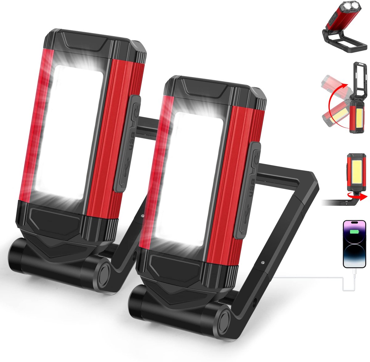 QTTVBTNA -LED Werklamp - Magneetlamp - Werkverlichting - Rood, set van 2, 7 verlichtingsstanden, 1000 lumen, IPX6 - XPE + COB wit + COB rood - 2200 mAh oplaadbaar, powerbank - 360° draaibaar, magneet - Voor reparatie, workshop en kamperen