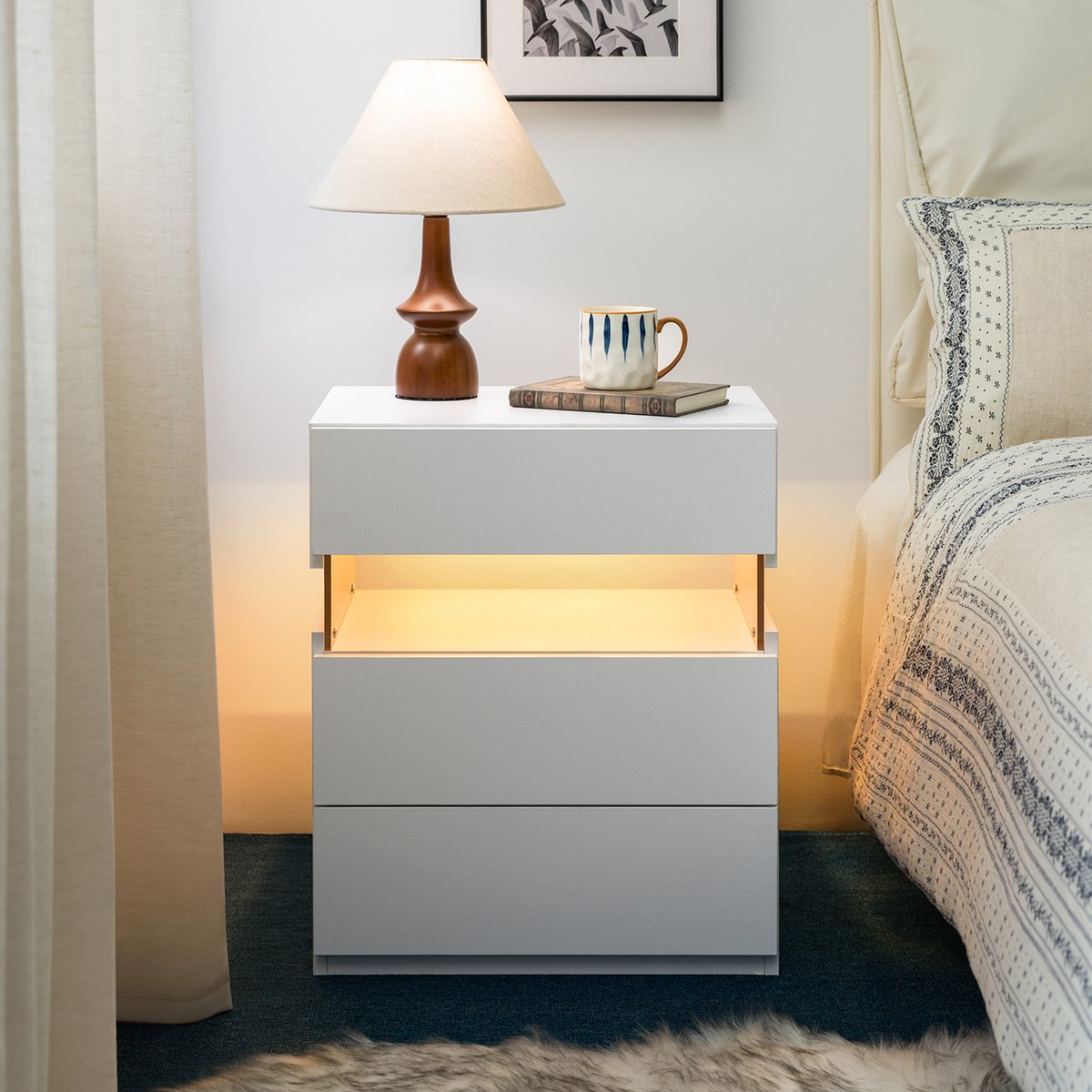 MODFU - Nachtkastje - 3 Lades - Wit - Acryl - Led Verlichting