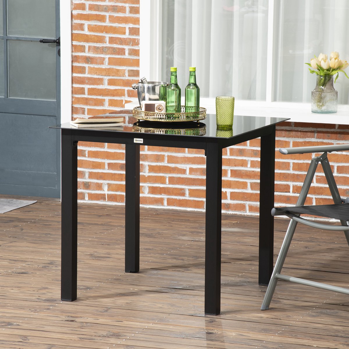 FloraGrace Tuintafel - Vierkante Eettafel Voor 4 Personen Met Gehard Glazen Blad - Voor Tuin Balkon En Terras - Aluminium - 80x80x74 Cm - Zwart