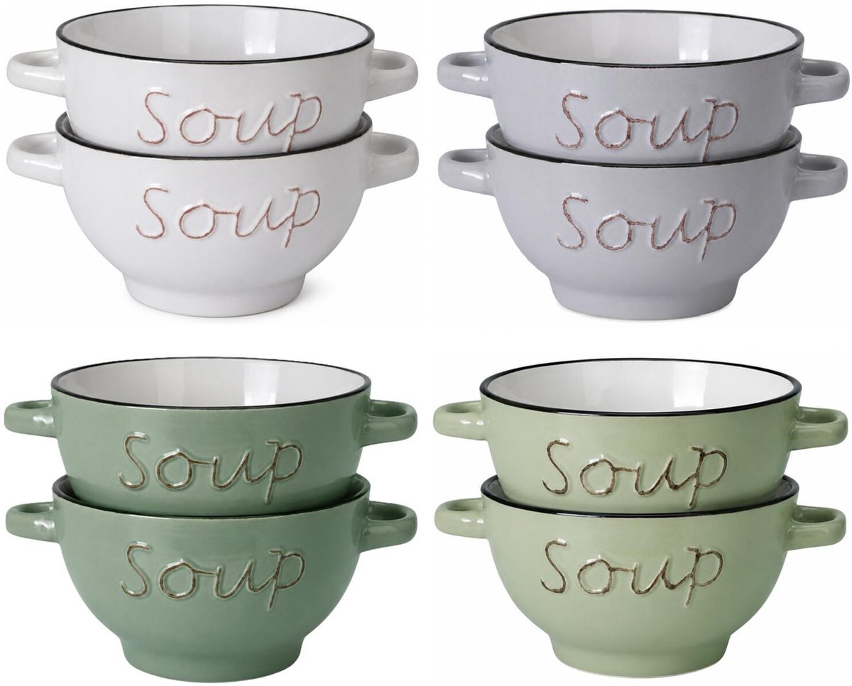 Soepkommen set gres - 8x - verschillende kleuren - porselein - 500ml - met oren