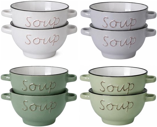 Deux bols à soupe empilables blancs, deux gris clair et deux vert clair avec anse et texte 'Soup'.