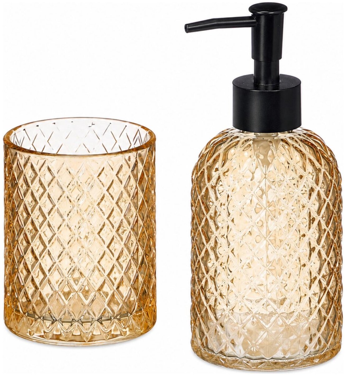 Berilo zeeppomp / zeepdispenser met beker - amber geel - glas - 410 ml - badkamer set