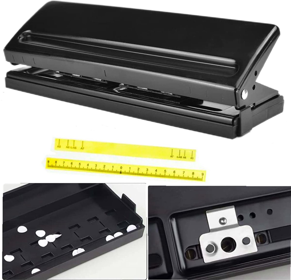 Verstelbare 6-gats perforator voor A3, A4, A5, A6 en B3 tot B7, tot 6 vellen, zwart en duurzaam
