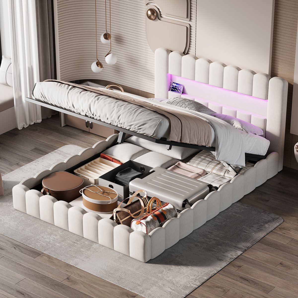 MEXUS Bubblebed 140x200 cm, Opbergbed Tweepersoonsbed Gestoffeerd BED, met ledverlichting en usb-aansluiting, bed 140x200 met lattenbodem, bedframe, linnen Beige