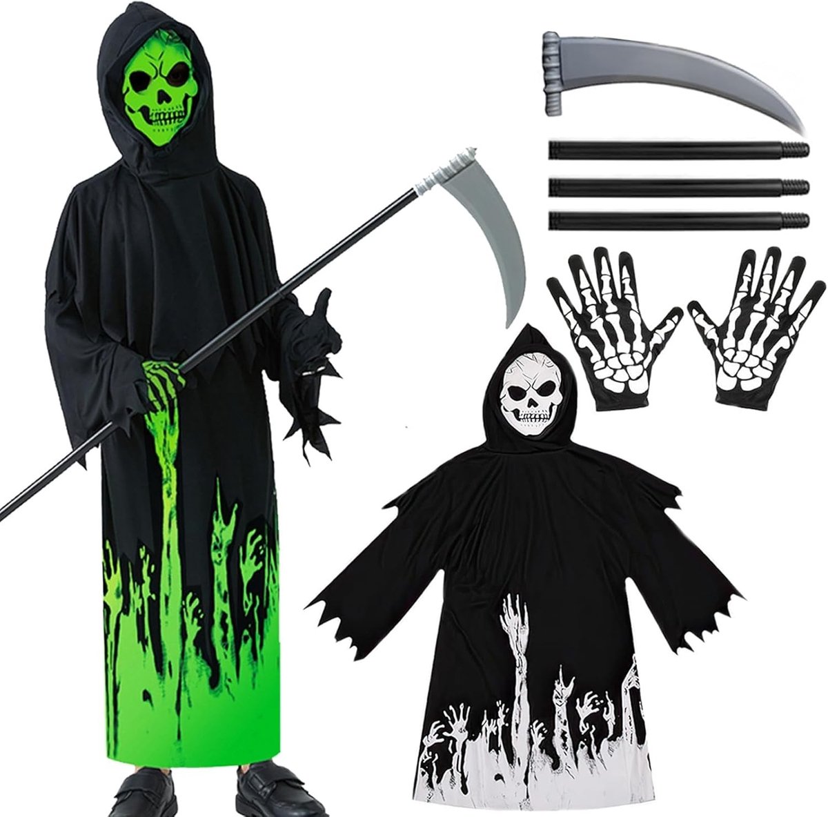 Kinderkostuum van de Sensenman met lichtgevende sikkel, maskers en handschoenen voor Halloween en carnaval