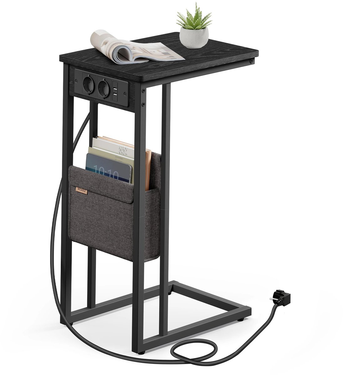 NordHaus C-vormige Bijzettafel - Oplaadtafel - Nachtkastje - Geïntegreerd Oplaadstation met Opbergvak - Zwart 30 x 40 x 62 cm