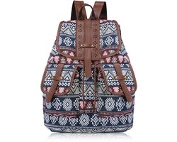 Dames Rugzak Canvas Boho Hippie – Vintage Backpack met Trekkoord – Casual Schooltas & Reistas – Dubbele Schouderbanden – 13–14 Inch Laptop - blauw