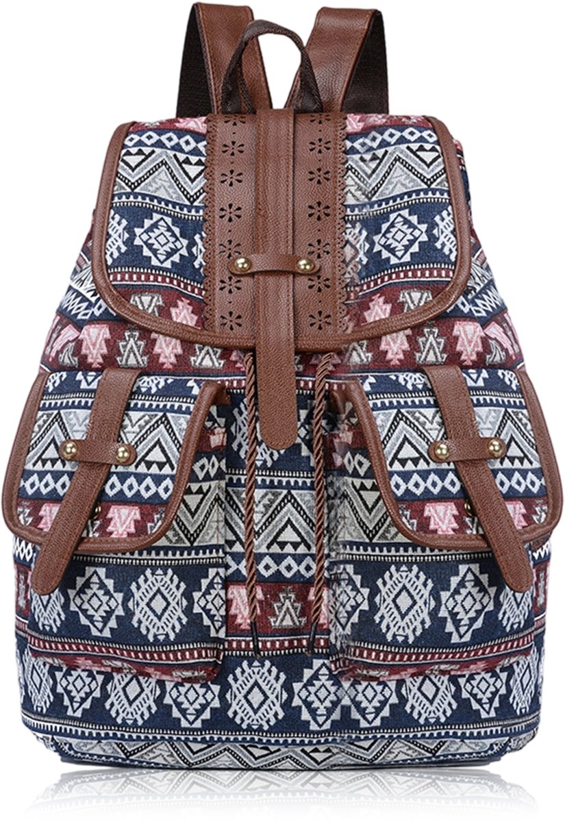 Dames Rugzak Canvas Boho Hippie – Vintage Backpack met Trekkoord – Casual Schooltas & Reistas – Dubbele Schouderbanden – 13–14 Inch Laptop - blauw