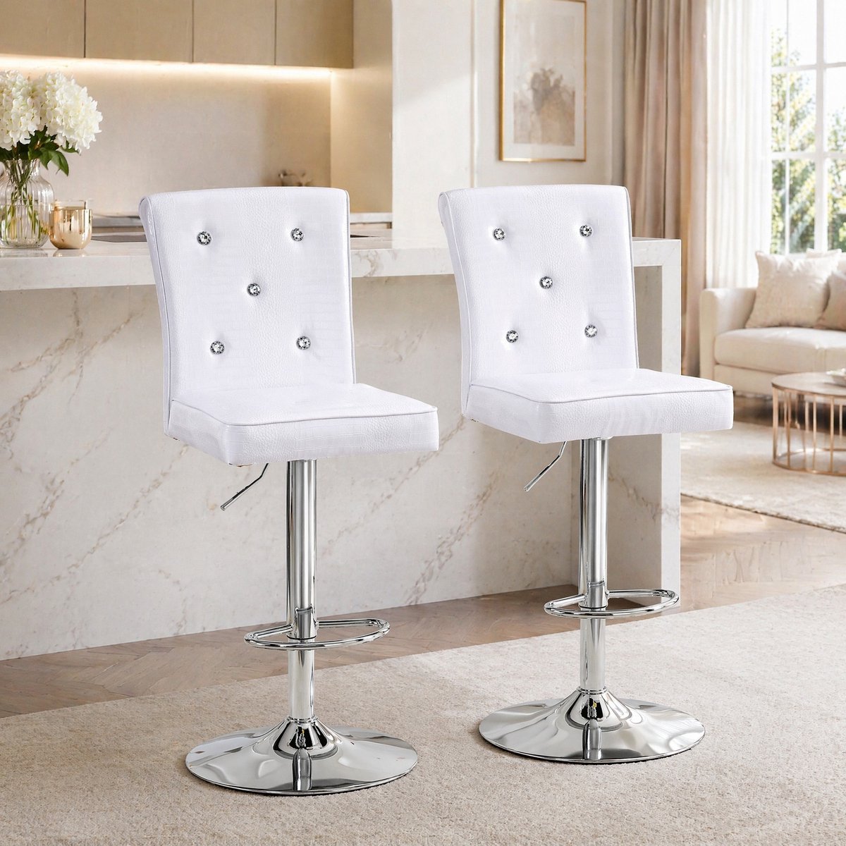 OKWISH Eetkamerstoel - Vintage Kristalknoop Design - Set Van 2 - Kunstleer En Metaal - Wit - Voor Eethoek, Bar En Horeca