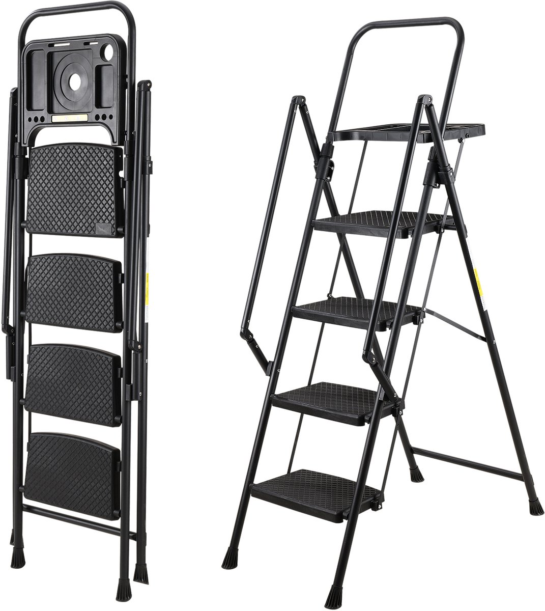 4-treden stalen trapladder voor thuis en keuken - antislip brede treden - handrail - veiligheidsvergrendeling - inklapbaar en draagbaar - getest tot 150 kg