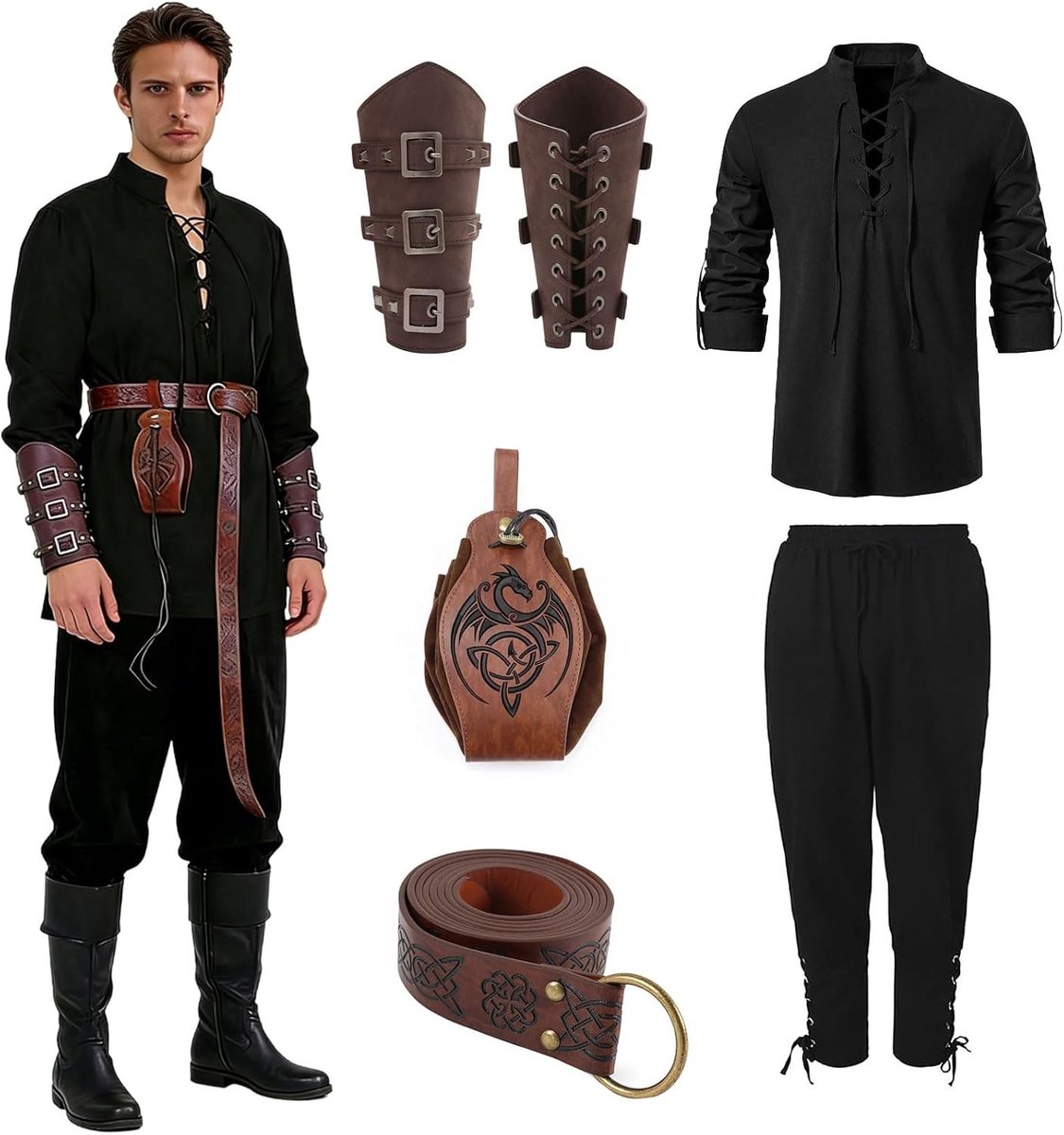 Complete Set Middeleeuws Kostuum voor Mannen - Renaissance Piraten Outfit met Shirt, Broek, Riempje, Polsbeschermer en Accessoires voor Carnaval en Cosplay