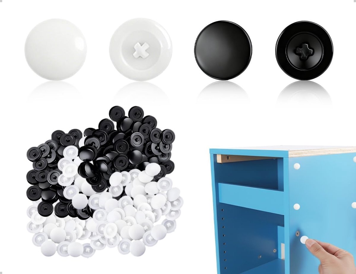 Set van 100 Schroefdoppen voor Phillips Schroeven, Plastic Dekdoppen voor Meubelreparaties, Perfect voor het Ophangen van Kasten en Bureau's (Zwart, Wit)