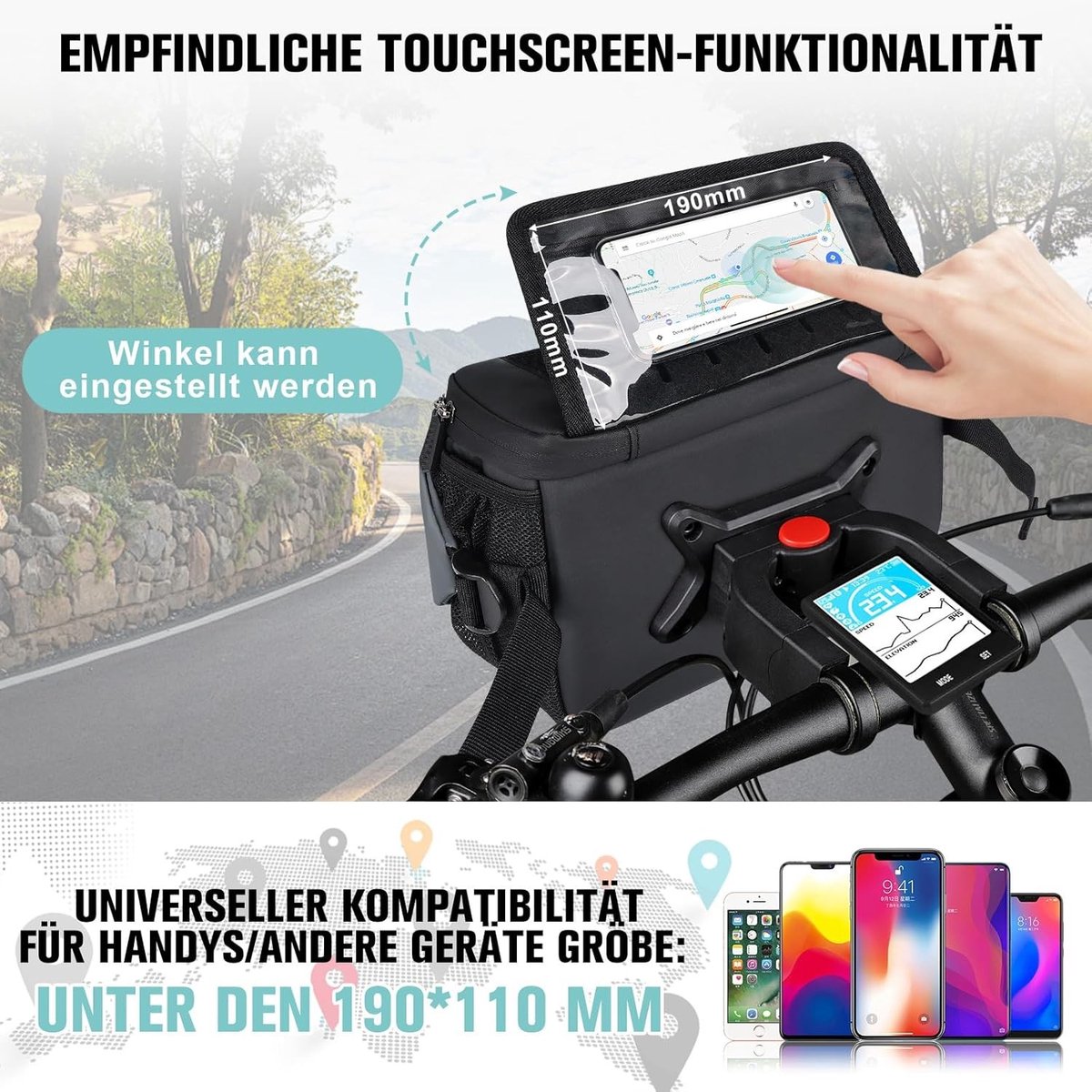 Fiets stuur tas 4.7 L met snelle bevestiging, stabiele drager voor stads- en trekkingtochten, waterdicht, met vak voor mobiele telefoon en bekerhouder