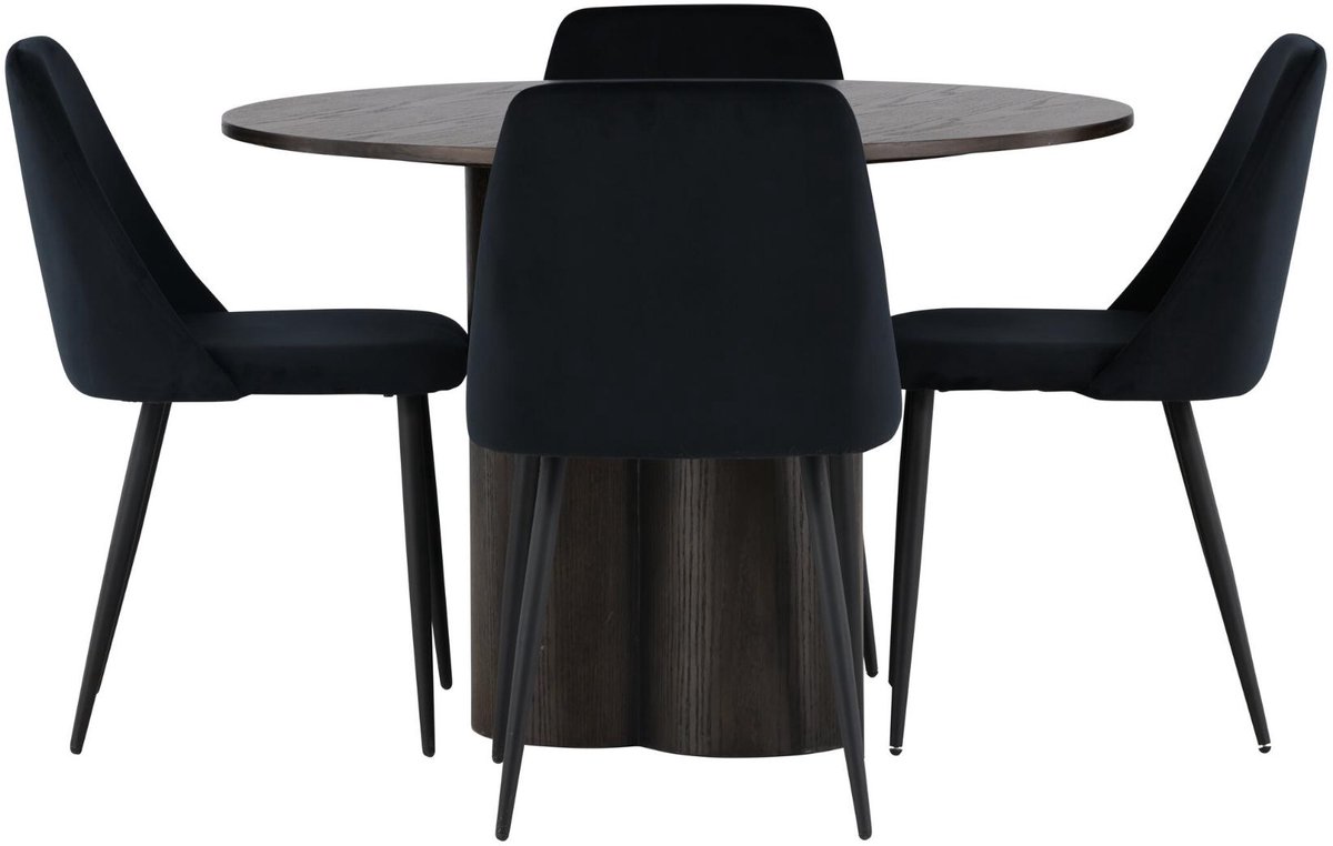 Olivia eethoek eettafel mokka 4 stoelen velours zwart.