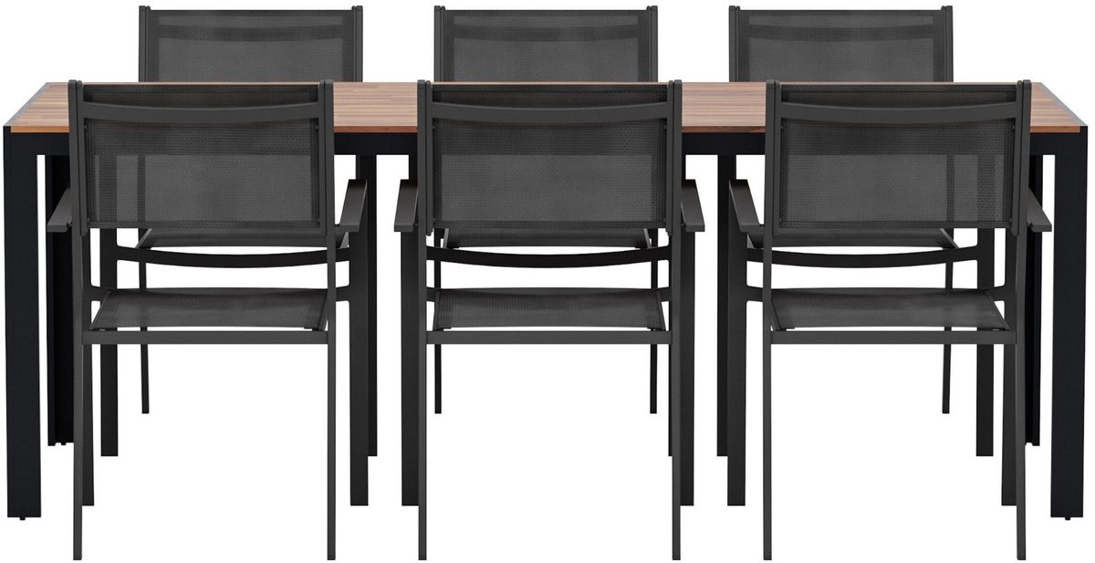 Bois tuinmeubelset tafel 90x200cm naturel 6 stoelen zwart.