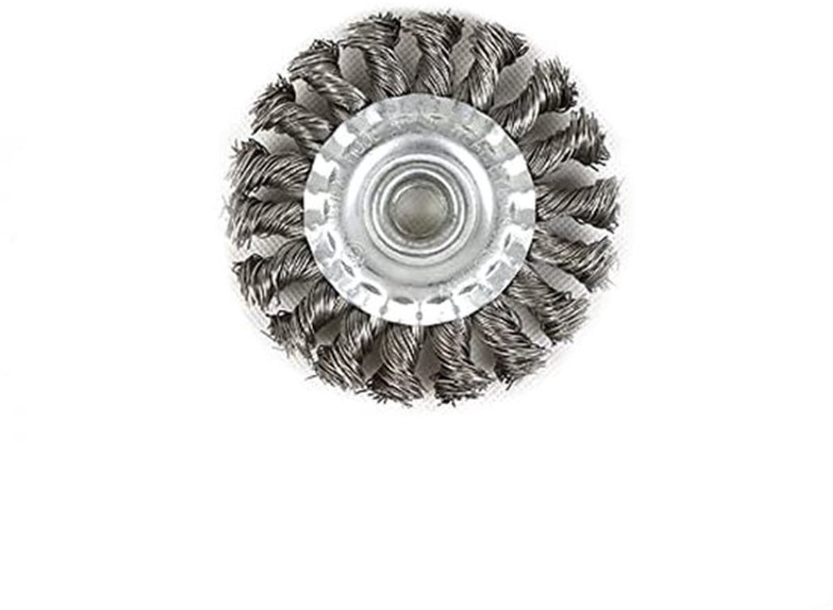 Staalwielborstel, platte geknoopt staaldraad haakse slijper accessoire voor reiniging, polijsten en schuren (100 mm x 16 mm)