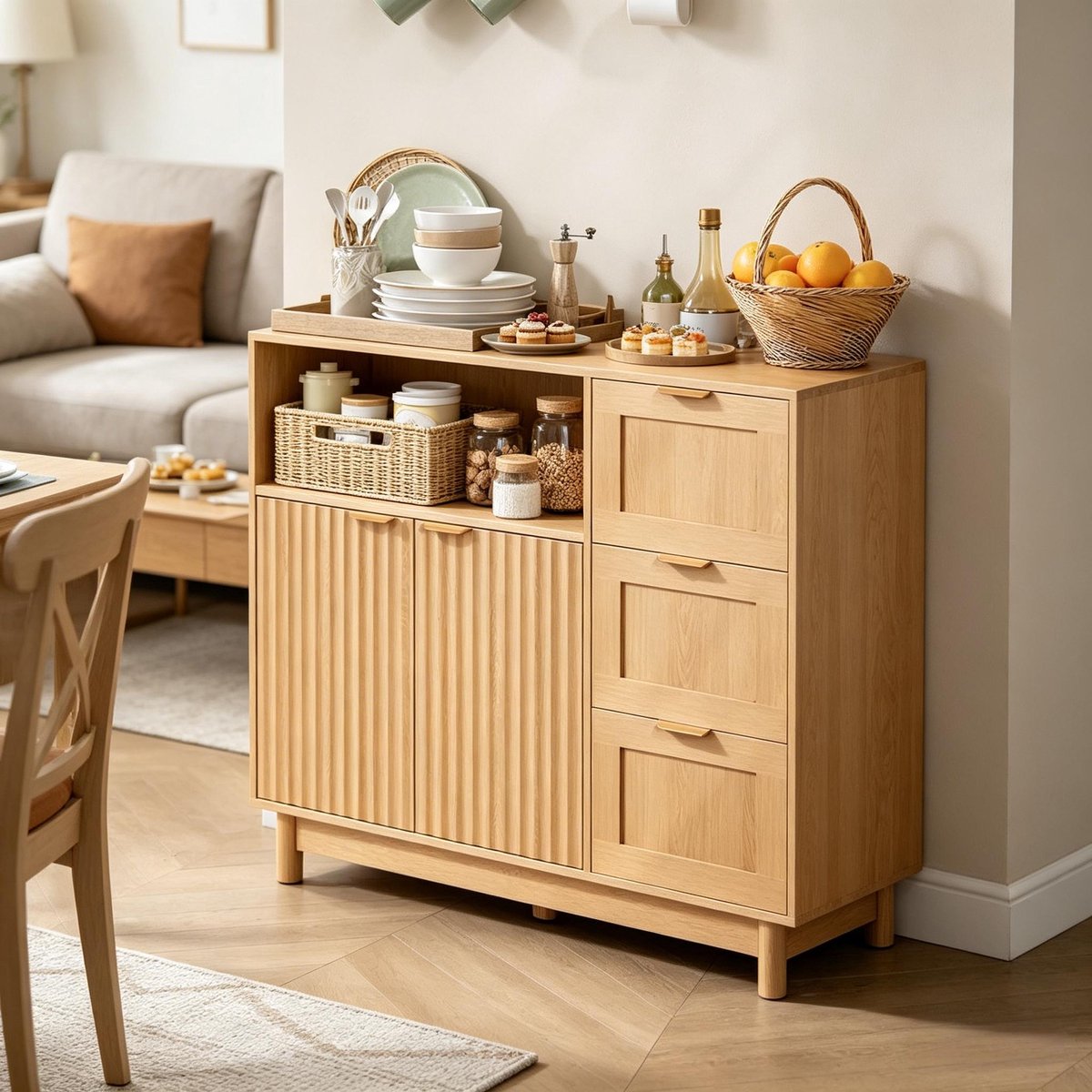 Wishdor - Keukenkast - open vak en 3 lades - sideboard met verstelbare planken - Scandinavische stijl - keuken en woonkamer - houtlook - houtkleur - 90 x 35 x 80 cm