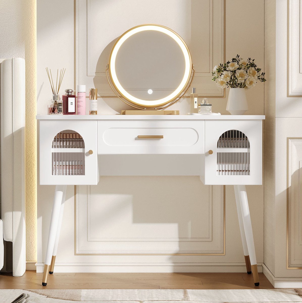 OKWISH Kaptafel – Met Ronde Ledspiegel En 1 Lade – 100 x 42 x 112 cm – 2 Kastdeuren Met Verstelbare Planken – Wit Goud