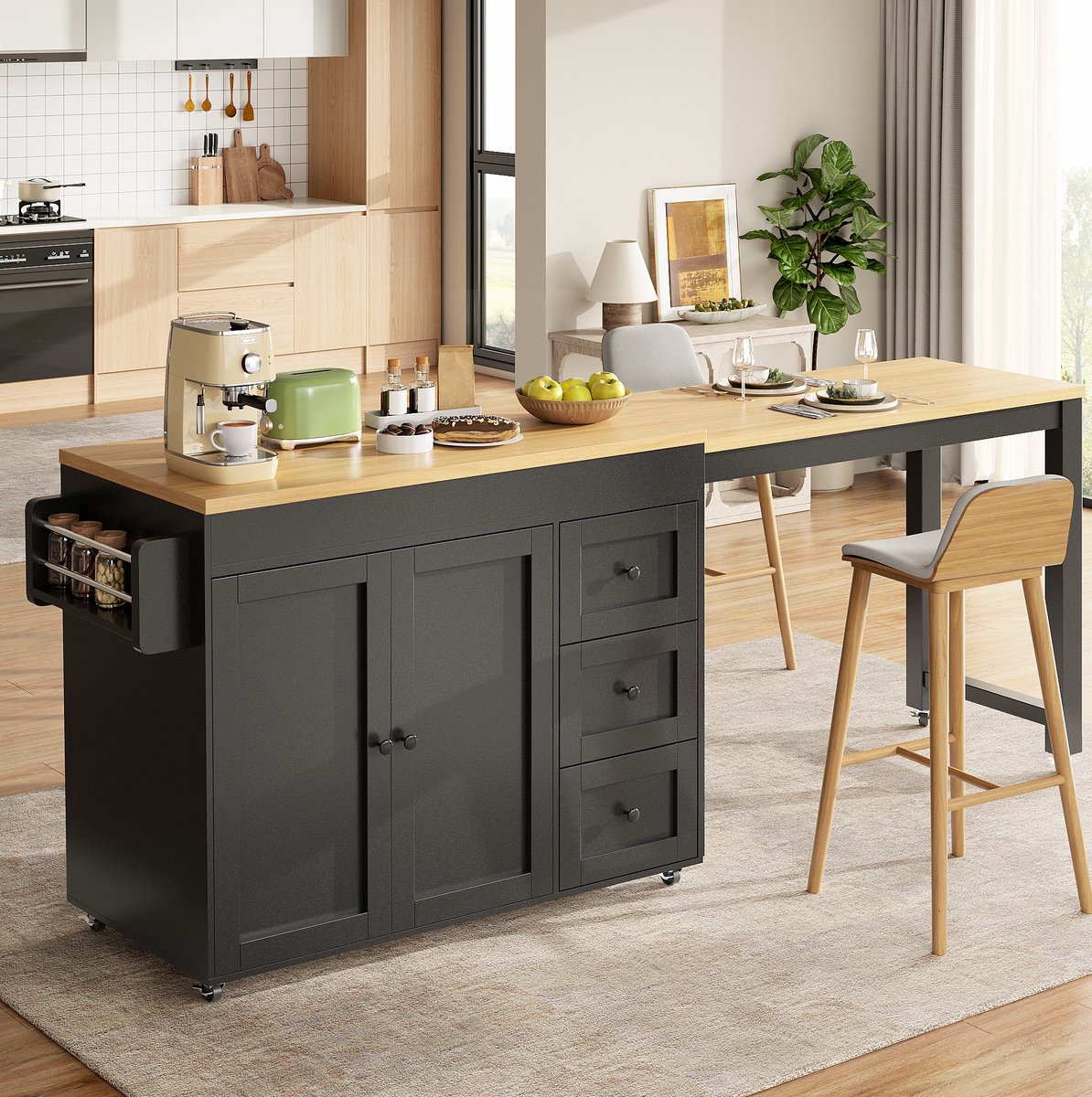 OKWISH Keukenkast – Uitschuifbaar Keukeneiland – 116–179,5 x 45 x 89 cm – 3 Lades en 2 Deuren – Op Wielen met Opbergruimte – MDF Metaal Zwart