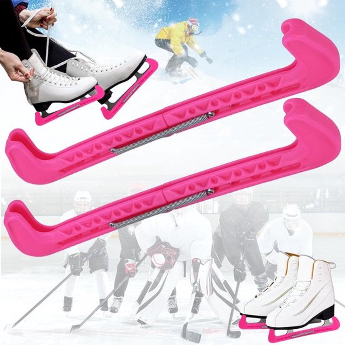 1 paar beschermhoesjes voor schaatsbladen - Verstelbare beschermhoes voor ijshockey-schaatsbladen - IJshockeyschaatsbeschermers met veer - Schaatsbescherming voor kunstschaatsen - Uniseks (roze)