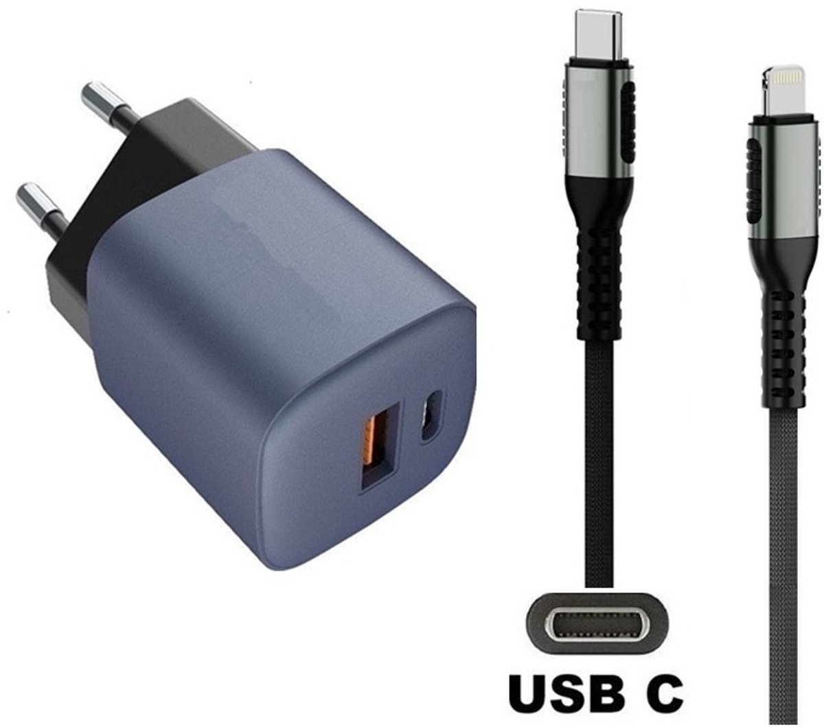 OneOne 33W snellader met 2 poorten + 0,25m sterke USB C naar Lightning kabel. GAN lader. PD PPS oplader adapter past op Apple iPhone 11, 11 Pro, 11 Pro Max, iPhone 12, 12 Mini, 12 Pro, 12 Pro Max