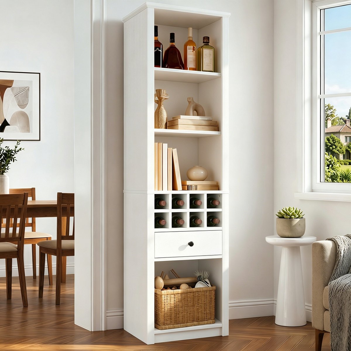 OKWISH Vitrinekast - Open Wijnkast Met Ledverlichting En 1 Lade - 55 x 40 x 200 cm - 12 Vakken Voor Woonkamer Keuken Eetkamer - MDF Wit