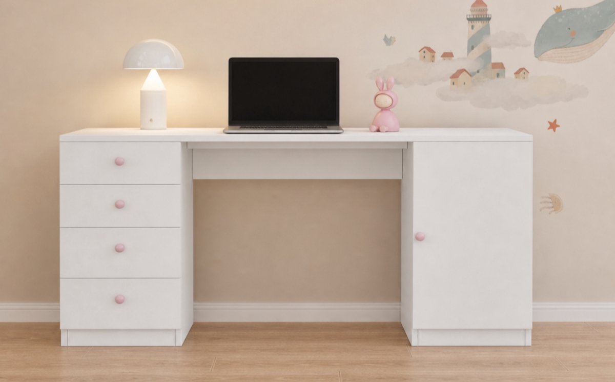 OKWISH Kinderbureau - Schrijftafel Met 4 Laden En Opbergkast - Voor Studeren En Computergebruik - MDF Wit - 155 x 45 x 74 cm