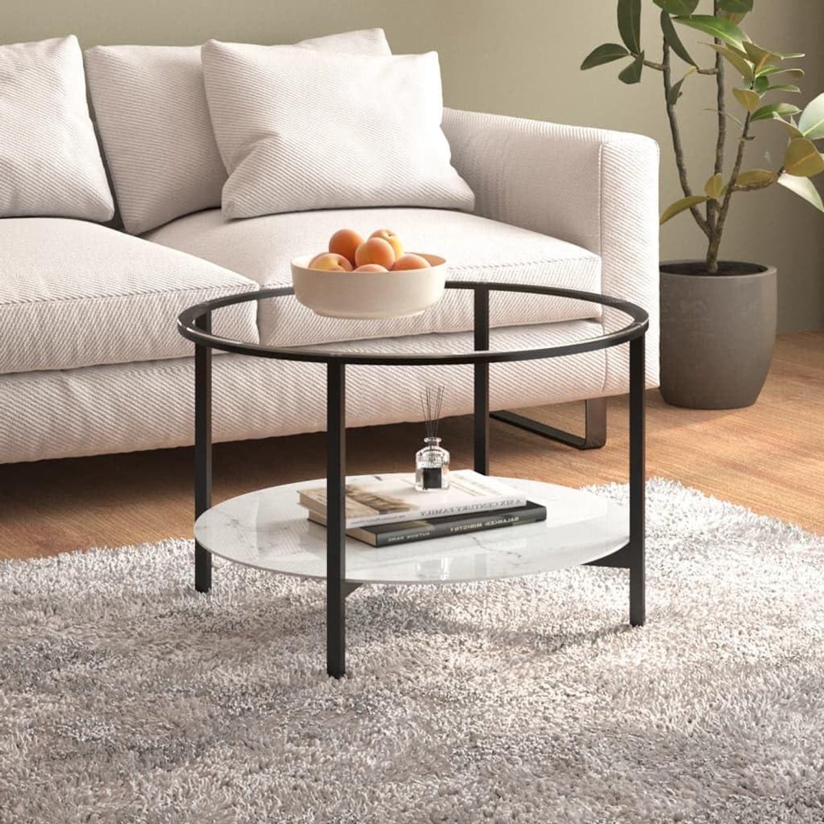 Bijzettafel Rond - Salontafel Theetafel - Opbergen Dranken - Met Onderste Plank - 70 cm - Zwart Wit Marmer