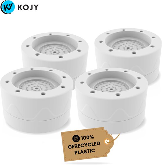 Vier witte KOJY wasmachine dempers, gemaakt van 100% gerecycled plastic.