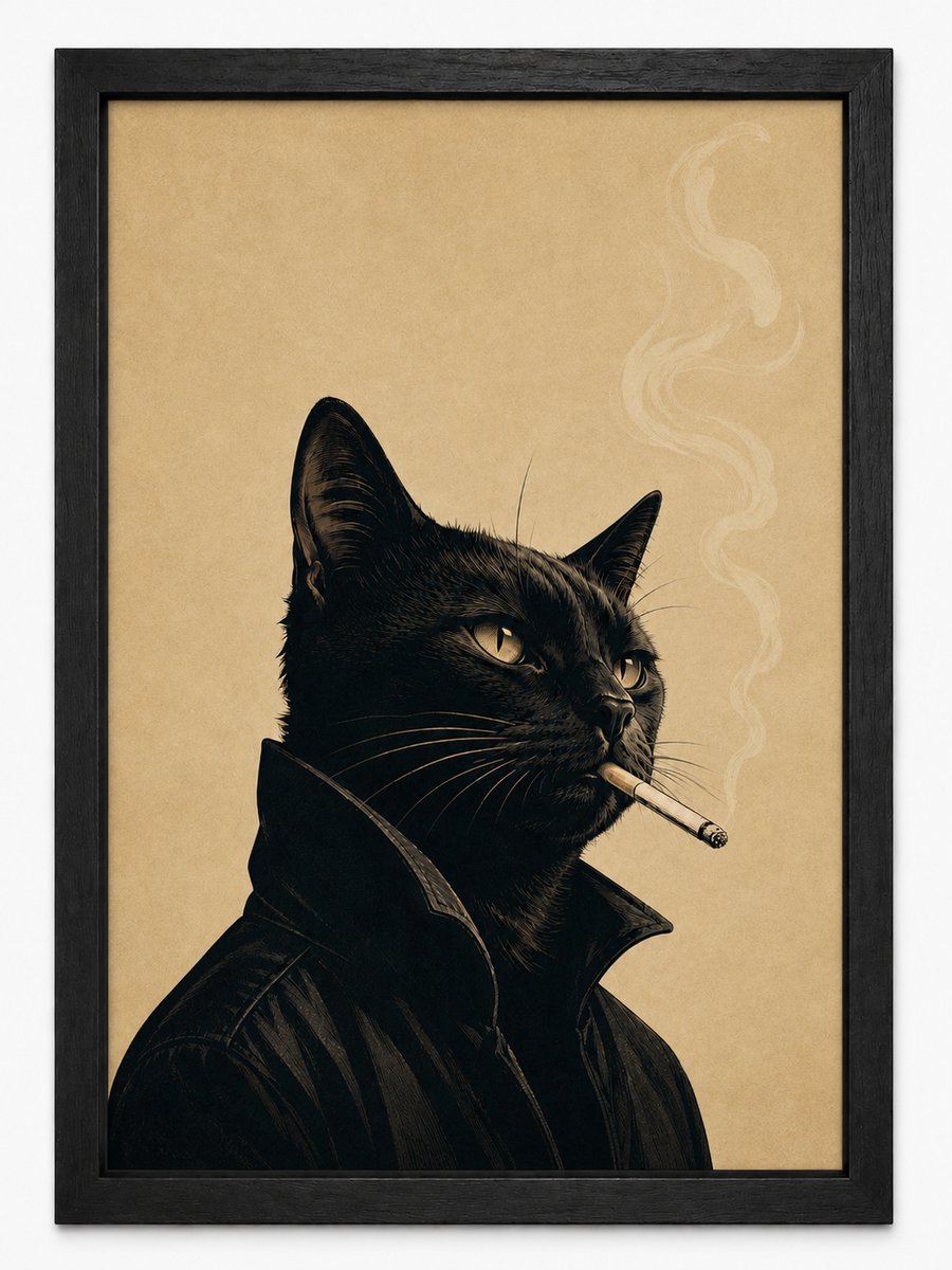 Vintage Kat Poster | Rokende Zwarte Kat Art Print | Retro Dieren Poster | Inclusief Zwarte A4 Lijst
