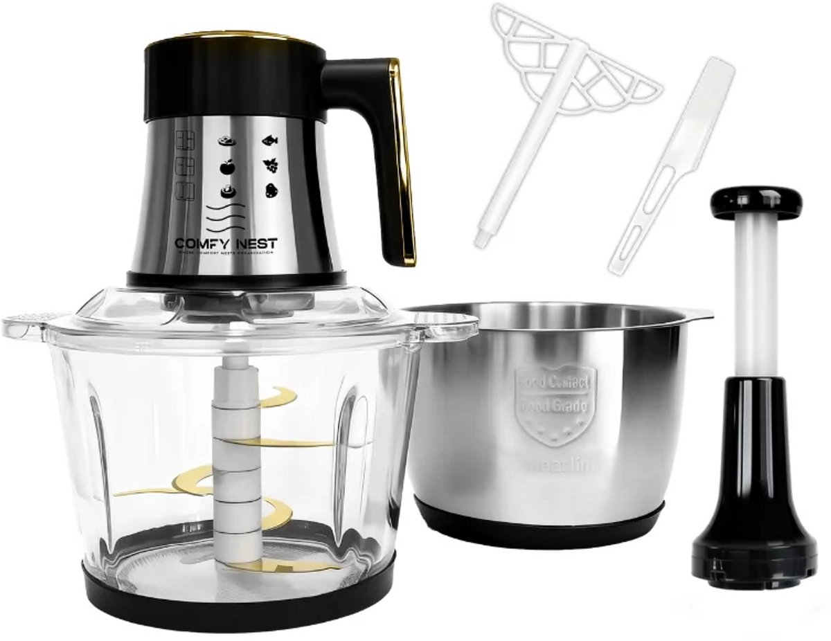 Elektrische Hakmolen 3-in-1 – Foodprocessor met 2 x 3L Kom – Glas en RVS – 200W – 6 RVS Messen