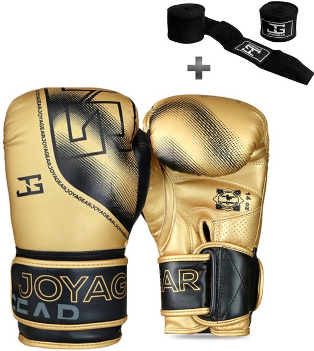 Joyagear "Evolution" Bokshandschoenen - 16 oz – Goud/Zwart – Thaise Microfiber – Nauwsluitende Pasvorm – Kickboksen & Boksen – Inclusief Bandage