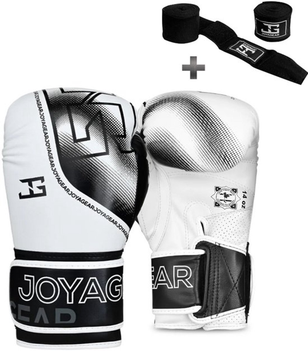 Joyagear "Evolution" Bokshandschoenen - 16 oz – Wit – Thaise Microfiber – Nauwsluitende Pasvorm – Kickboksen & Boksen – Inclusief Bandage