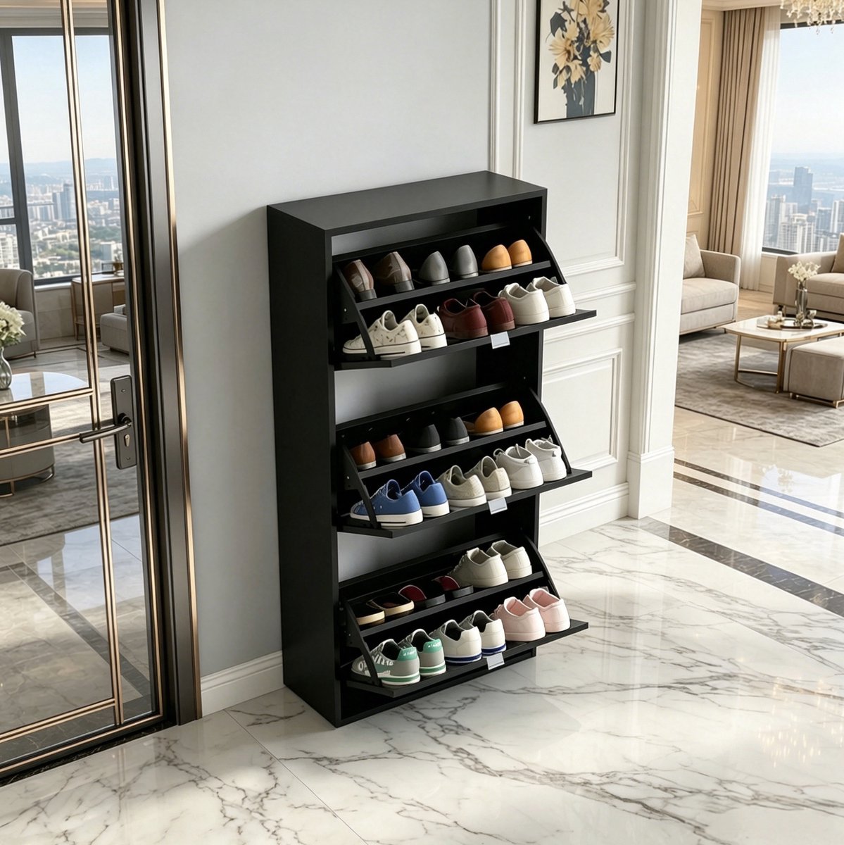 OKWISH Schoenenkast – 3 Kleppen Met Verstelbare Vakken – Vrijstaand Voor Hal En Slaapkamer – MDF Zwart – 60 x 26 x 124 cm