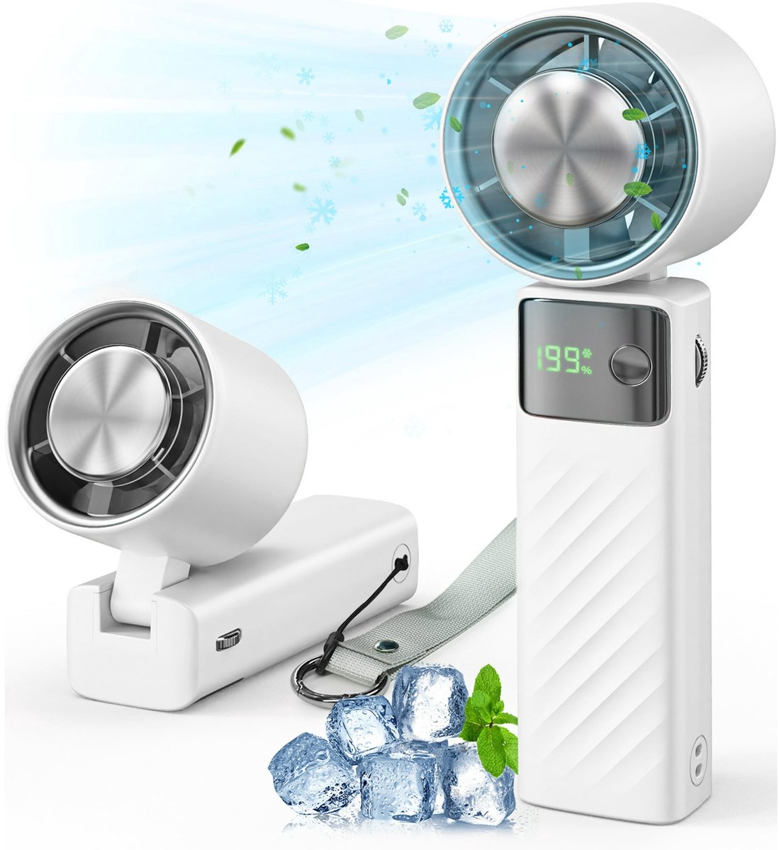 Ventilator - Draagbare Handventilator Turbo - Opvouwbare Mini Ventilator met LED Display - 1-199 Snelheden - 4000 mAh - Voor Binnen en Buiten - Wit